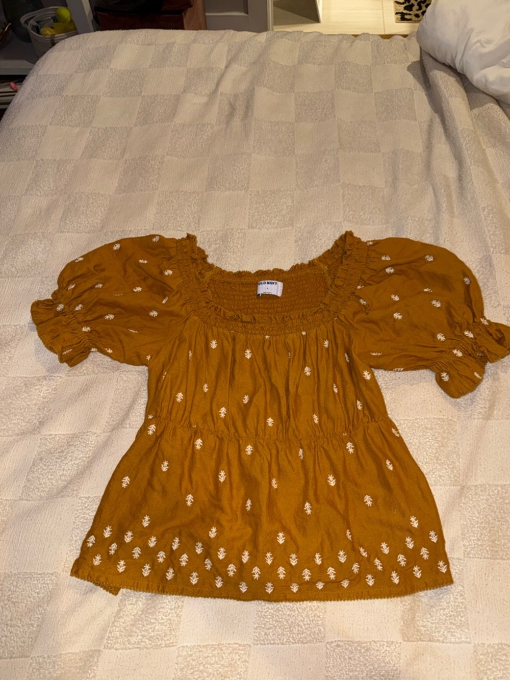 Old Navy Mustard Yellow Smocked Square Neck Puff Sleeve Top